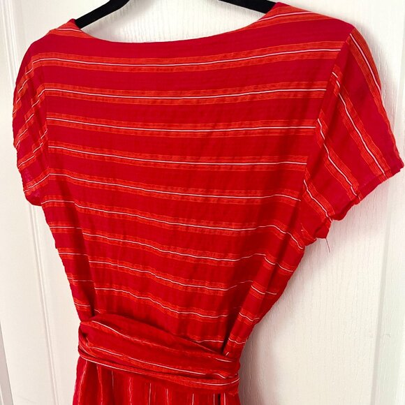 Tristan Red Striped Faux Wrap Cotton Blend V Neck Dress with Tie Belt Cap Sleeve - Picture 9 of 15